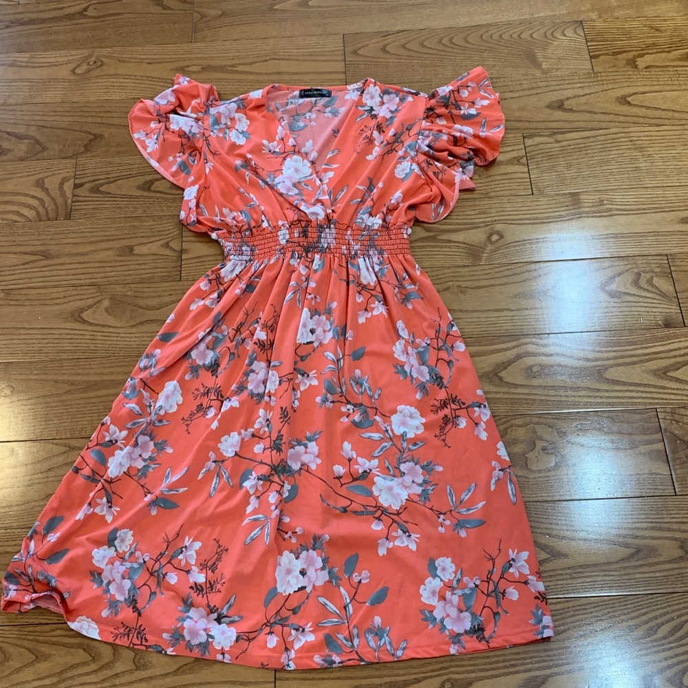 Coral Floral Smocked Waist Dress 1X
